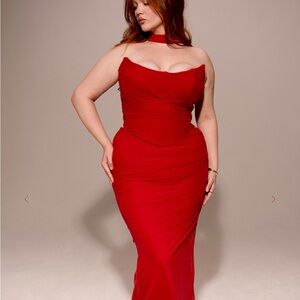 House of CB HALLIE Holly Red Strapless Corset Top With Detachable Neck Scarf L+